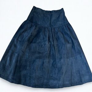 Vintage Black Suede Leather Skirt, A-Line, High Waisted, 70s Boho Chic, Size 12